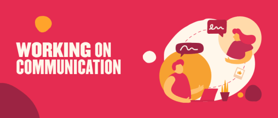 working on communication illustration with people chatting, colorful graphic showing dialogue and teamwork elements