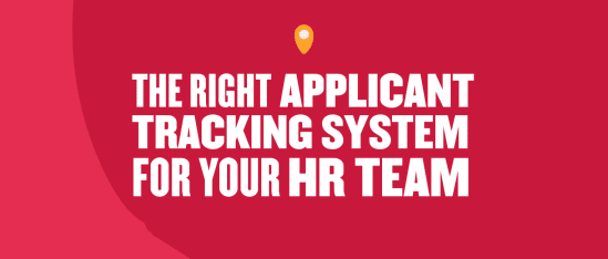 applicant tracking system for HR team, bold text on red background with location pin icon