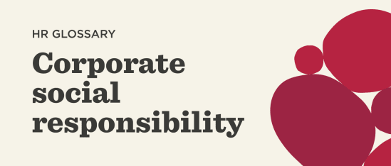 HR glossary about corporate social responsibility on a light background with red abstract shapes. , CorporateSocialResponsibility, HRGlossary