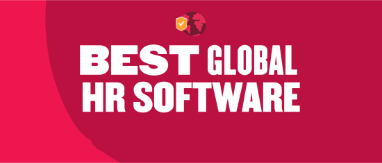 BEST GLOBAL HR SOFTWARE, Red background with bold white text and a security shield globe icon for HR solutions.