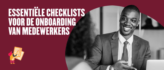 essentiële checklists onboarding medewerkers, professionele man glimlachend in pak met checklistillustratie