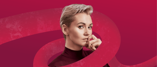 portrait of a thoughtful person with short blonde hair against a vibrant pink background, contemporary artwork with abstract swirls