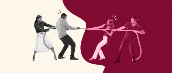 tug-of-war competition between two teams with a rope, featuring dynamic poses and expressive reactions, playful team challenge scene in contrasting colors