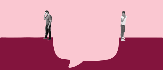 man and woman standing on opposite sides of a gap, symbolizing communication barriers in relationships, couple discussing emotional distance