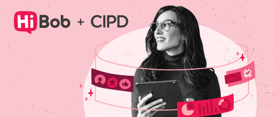 HiBob+CIPD logo with a smiling woman in glasses holding a tablet, surrounded by colorful icons representing social engagement., woman, HiBob_CIPD