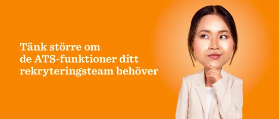 recruitment ATS features, thoughtful person in white suit on orange background