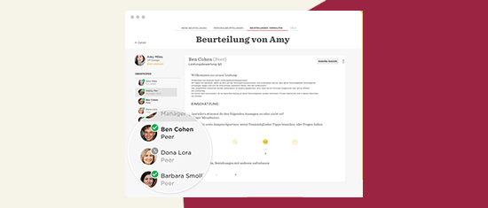 Beurteilung von Amy displaying peer feedback with usernames and ratings in an online platform interface. Peer review system, online feedback interface