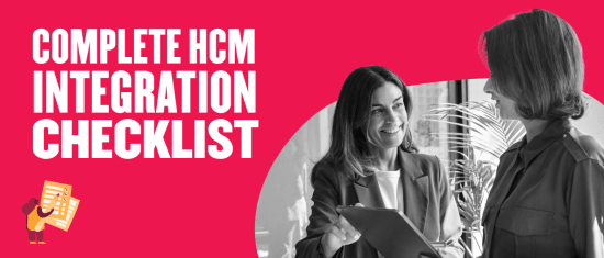 HCM integration checklist with two women discussing in an office, emphasizing collaboration and planning., HCM, integration