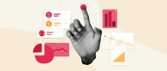 hand pressing red button, graphs and charts illustrating data analysis concepts