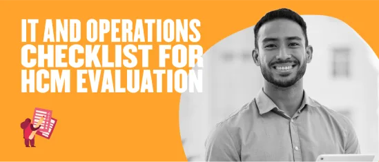 IT and Operations Checklist for HCM Evaluation, featuring a smiling man holding a tablet, on a vibrant orange background, Man with tablet for HCM evaluation checklist in a professional setting.