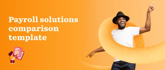 payroll solutions comparison template with joyful man dancing on orange background, energetic man in white shirt on bright background