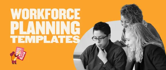 workforce planning templates, team collaboration on project with laptop and notes, bright orange background