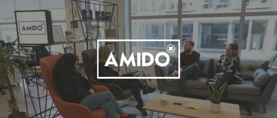 office meeting space, collaborative discussion, Amido branding