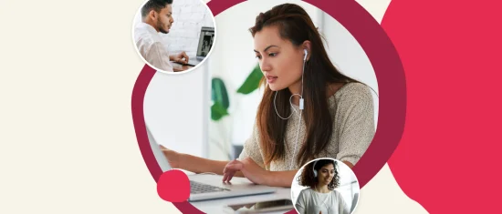 woman wearing headphones working on laptop, collage of people engaging in remote work activities