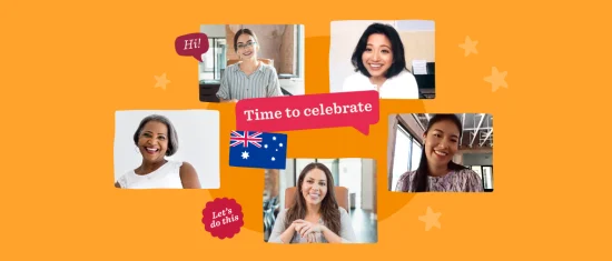 time to celebrate, women smiling in video calls with Australian flag and colorful speech bubbles