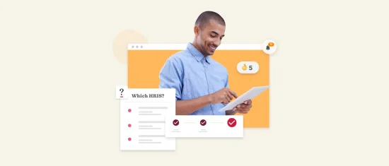 HR professional evaluating HRIS options with checklist and notifications on a tablet against a colorful background., HRIS, evaluation