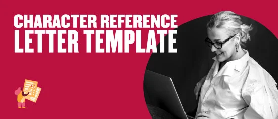 character reference letter template, woman smiling at laptop wearing glasses and a white shirt on a red background