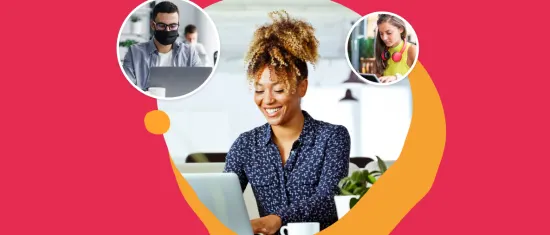 smiling woman working on a laptop in a modern workspace, man with mask in background, diverse group of people engaged in work