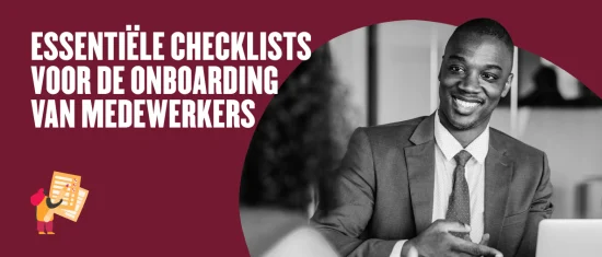 essentiële checklists onboarding medewerkers, professionele man glimlachend in pak met checklistillustratie