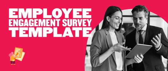 Wide banner featuring two business professionals reviewing a tablet on a bright red background, with large bold white text reading 