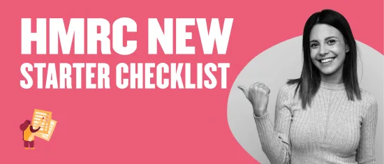 HMRC New Starter Checklist with woman smiling, pink background, checklist graphic, and excitement for new beginnings, New starter guide from HMRC, features a woman in a gray sweater smiling and fist bumping.