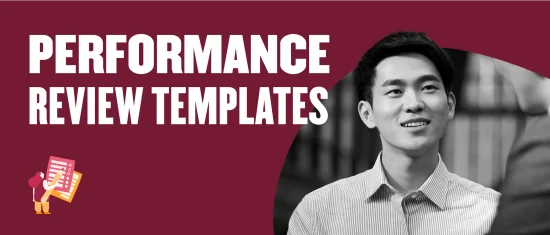 performance review templates, smiling young man in striped shirt engaged in discussion on a maroon background