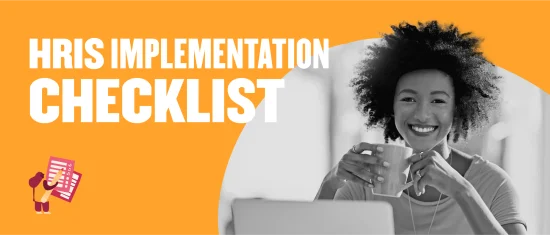 HRIS implementation checklist with a smiling woman holding a coffee cup, set against a vibrant orange background., Smiling woman with coffee, HRIS checklist on bright orange background.