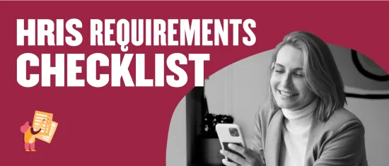 HRIS requirements checklist with a focused woman using a smartphone, vibrant colors enhance clarity and engagement, Checklist for HRIS requirements featuring a woman smiling with a smartphone, vibrant background elements