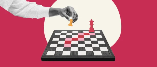hand moving orange chess pawn over black and white checkered board against vibrant red and beige background, strategic chess move visual representation