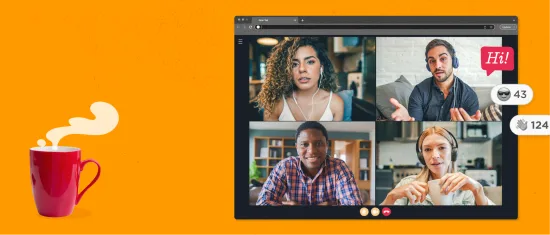 coffee cup, video call with diverse participants on an orange background