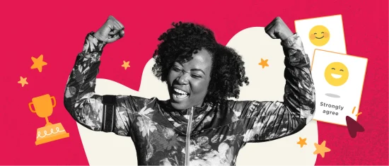 happy woman celebrating, colorful background with stars and emojis, expressing positivity and achievement