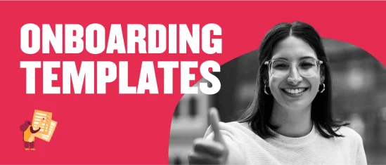 onboarding templates, woman smiling and giving thumbs up on red background with checklist illustration