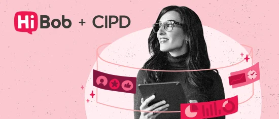 HiBob+CIPD logo with a smiling woman in glasses holding a tablet, surrounded by colorful icons representing social engagement., woman, HiBob_CIPD