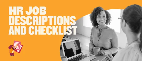 HR job descriptions and checklist discussion in a bright, modern workspace with engaged professionals., Engaging HR meeting, vibrant workspace setting.