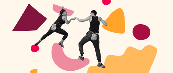 climbers reaching for each other amidst vibrant shapes, dynamic climbing scene with colorful geometric backgrounds