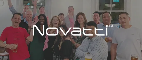 celebration gathering with diverse group of people smiling and holding drinks, Novatti logo prominently displayed in foreground