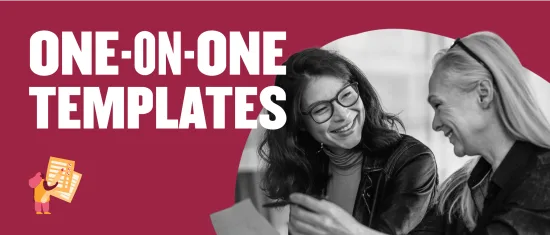 one-on-one templates, two women engaging in conversation with documents, bright background and playful illustration