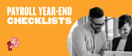 payroll year-end checklists teamwork, smiling professionals reviewing documents in a vibrant workspace