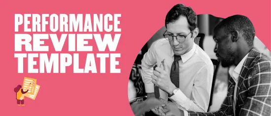 performance review template, two men discussing performance review with checklist on pink background