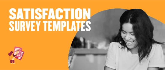 satisfaction survey templates, smiling woman in white shirt on orange background with survey graphic elements