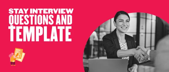 stay interview template, professional handshake with smiling woman in business setting