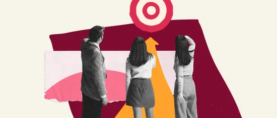business professionals focus on target symbol in creative backdrop, collaboration concept with diverse individuals analyzing goals