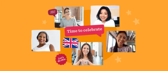 diverse women celebrating, chat bubbles with greetings, British flag, joyful expressions