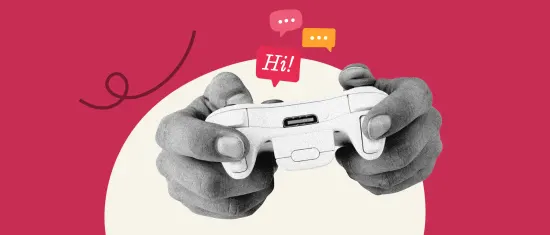 hands holding a game controller with speech bubbles saying 