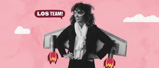 woman wearing rocket backpack, pink background with clouds, text bubble saying 