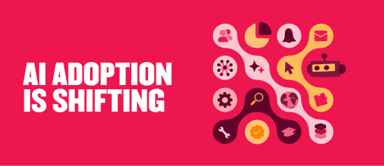 AI adoption infographic with vibrant colors, icons representing technology, collaboration, and innovation, on a bold background. AI, adoption, innovation