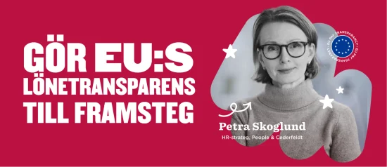 Gör EU:s lönetransparens till framsteg, med Petra Skoglund, HR-strateg, People & Cederfeldt. Röda bakgrundsdesign. lönetransparens, PetraSkoglund