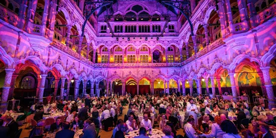 dining event, lavish venue with colorful lighting