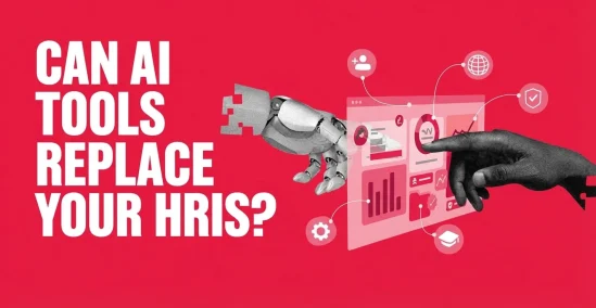 AI tools interacting with HRIS visuals; robotic hand and human finger explore digital data, against a red backdrop. ai-tools, hr-tools