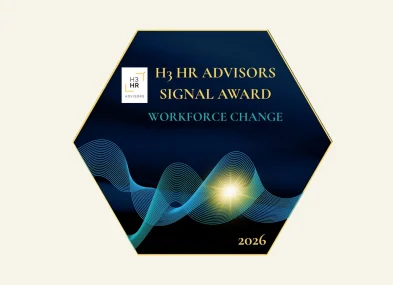 H3 HR Advisors Signal Award for Workforce Change 2026, hexagonal design with blue gradients and wave patterns., H3HR, SignalAward